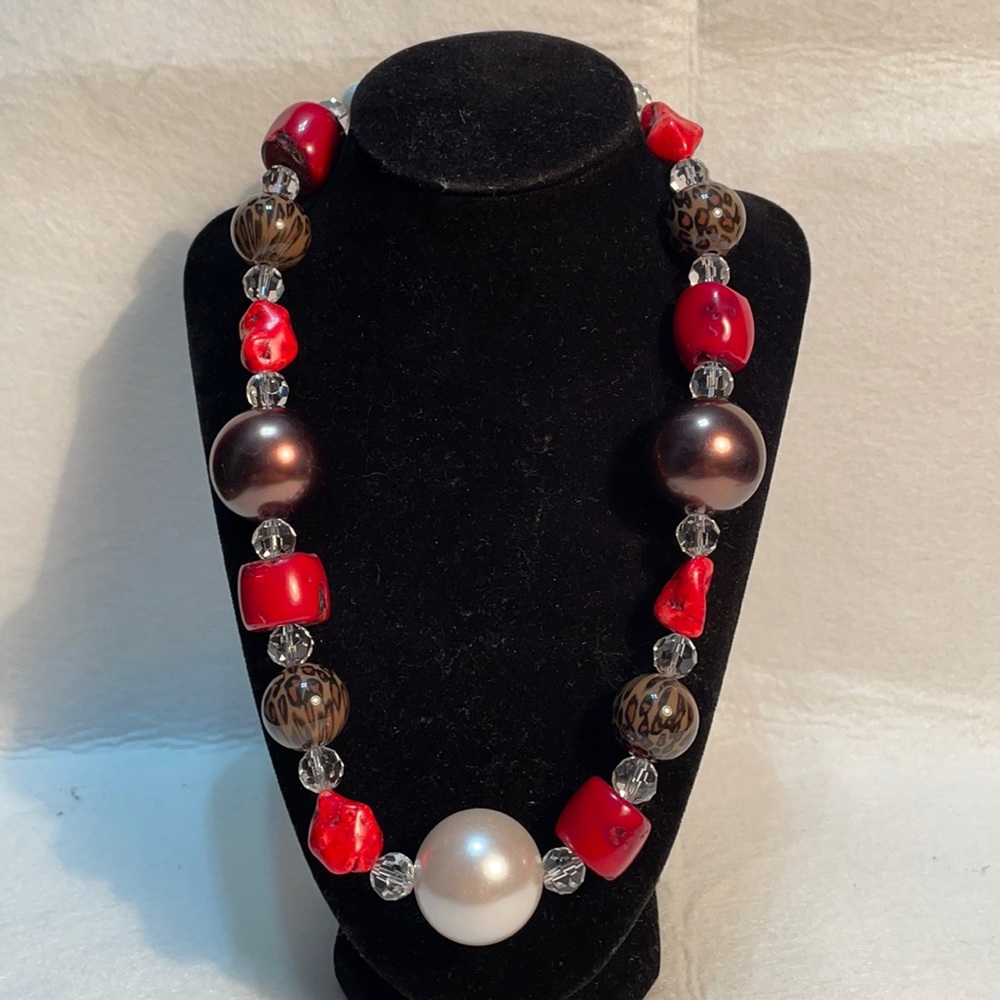 Large bead statement necklace with faux pearl bead, resin beads, faceted crystal